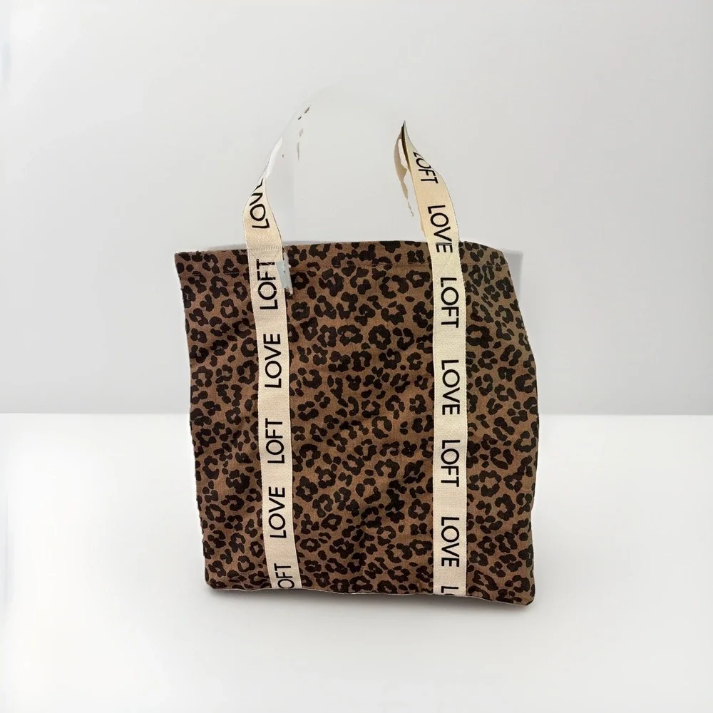 LOFT Leopard Print Tote Bag Love Logo Straps Canvas Shopper Travel Purse